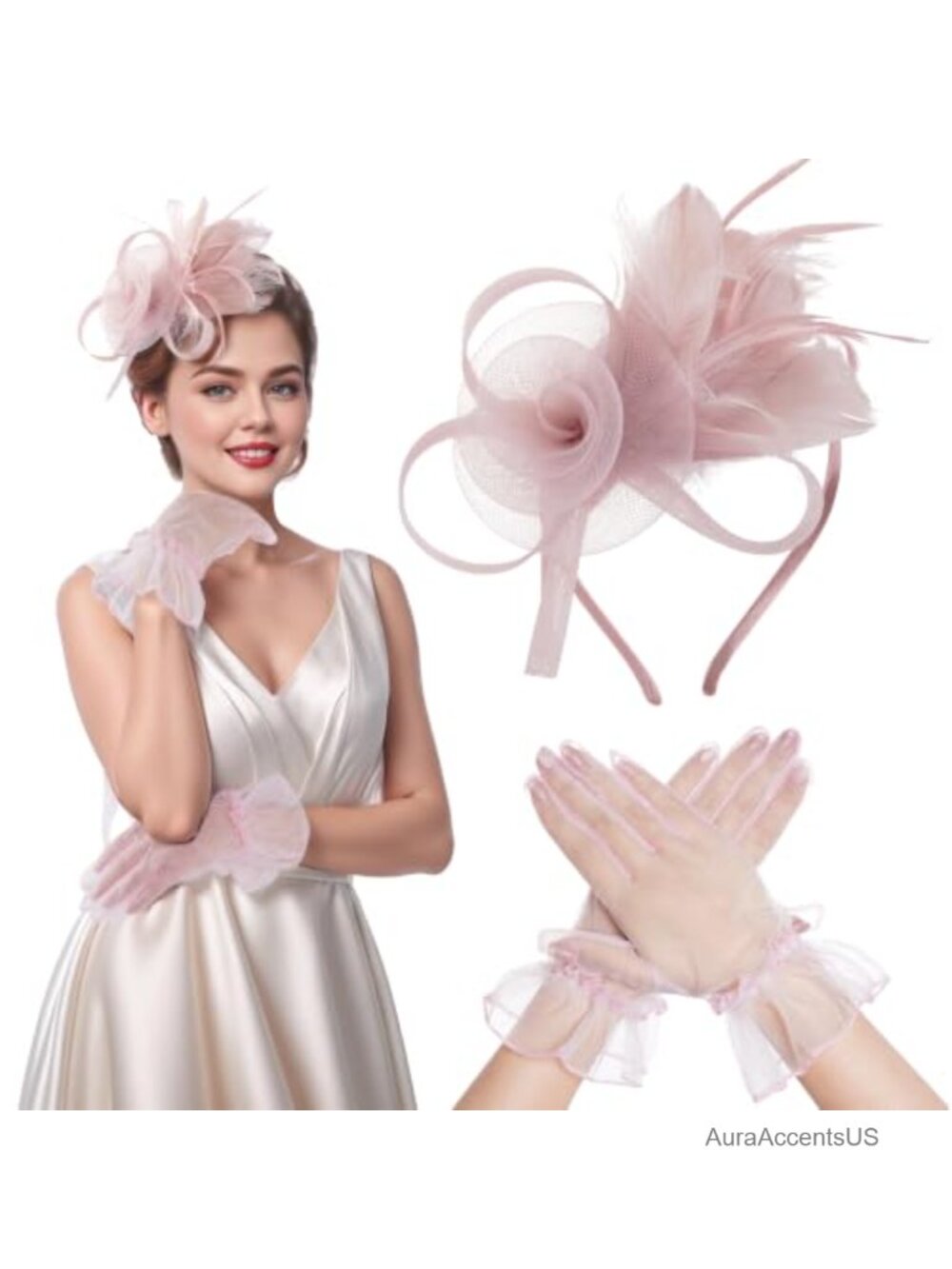 Tulle Fascinator Hat with Gloves Set Feather Headband Hair Clip Tea Party